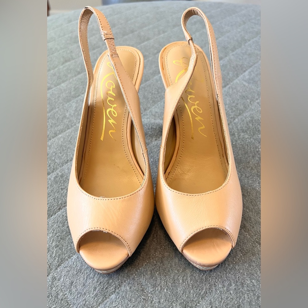 ROWAN Anthropologie Sz 7.5 Cream Leather Platform Slingback PeepToe Heels